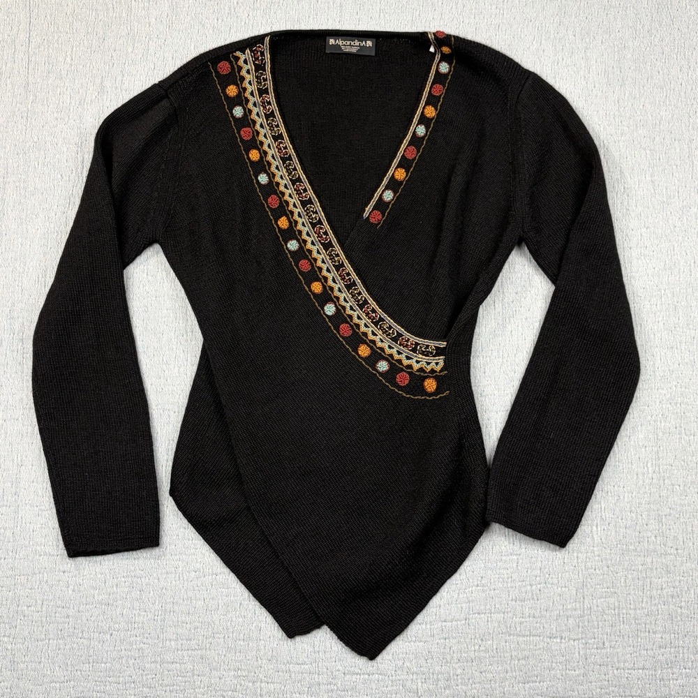 100%‎ Baby ALPACA Wool Women Wrap Top Sz L Black Factoria Paty Aztec Art To Wear